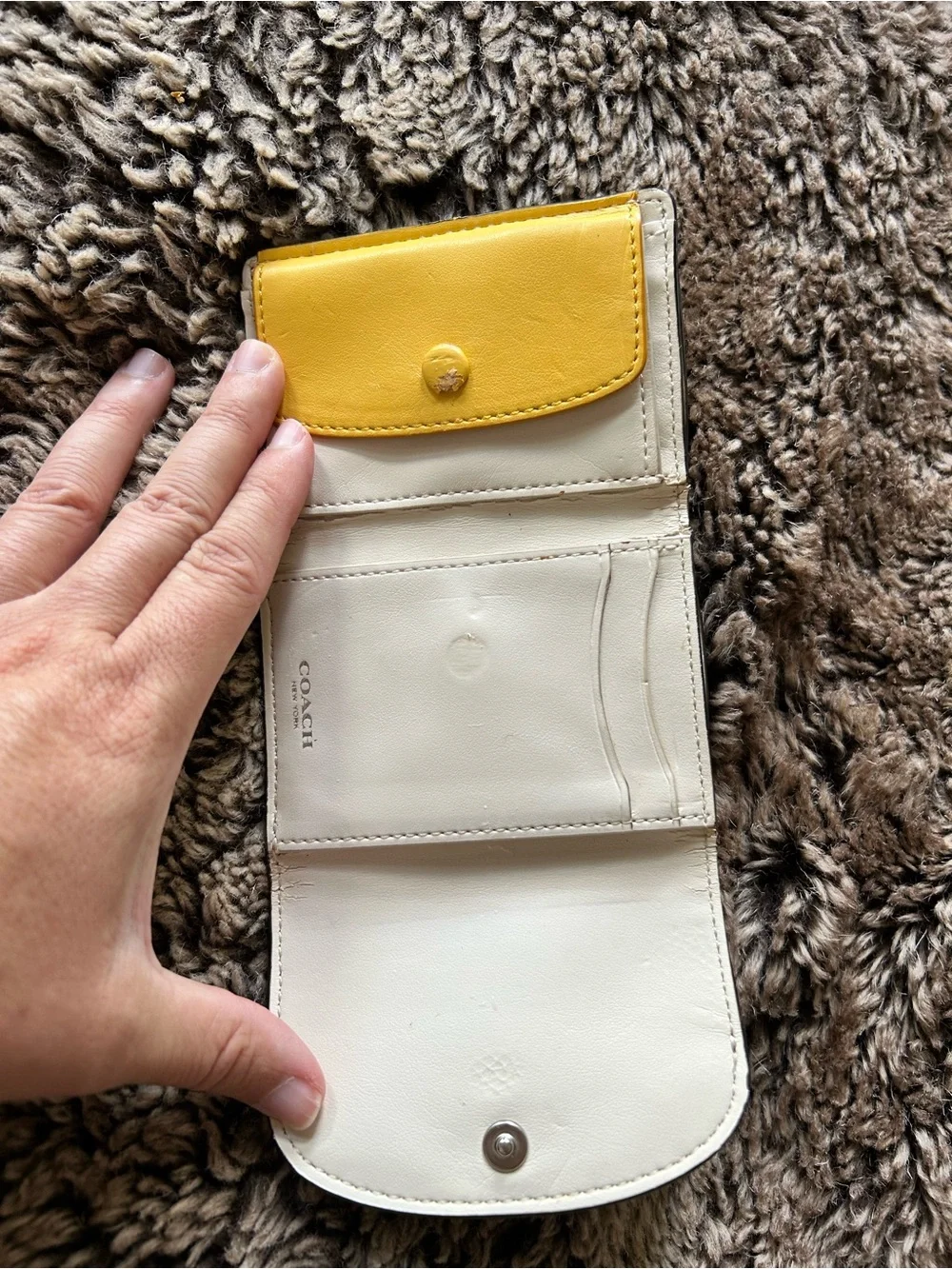 Coach Pebbled Trifold Wallet in Yellow, Brown & White